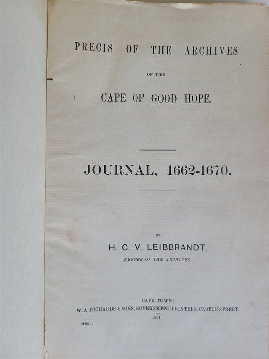 1901 PRECIS OF ARCHIVES of CAPE of GOOD HOPE JOURNAL 1662-1670 antique S.AFRICA