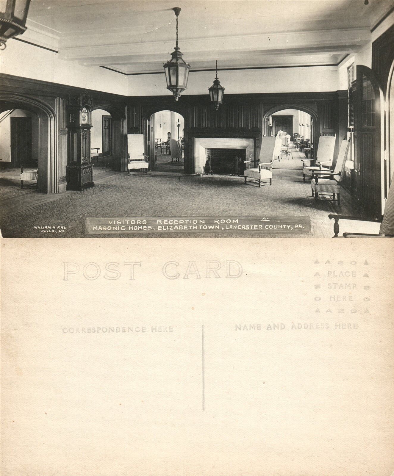 ELIZABETHTOWN LANCASTER MASONIC HOMES RECEPTION ROOM ANTIQUE PHOTO POSTCARD RPPC