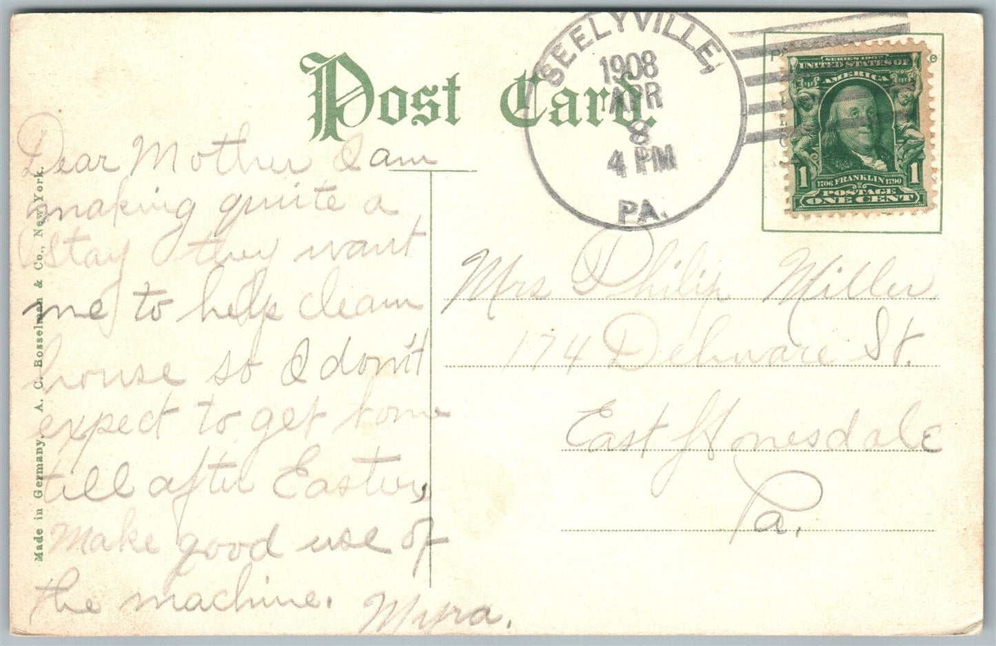 SEELYVILLE WAYNE COUNTY PA STREET SCENE 1908 ANTIQUE POSTCARD