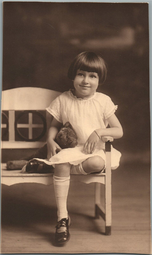 LITTLE GIRL w/ TOY BEAR ANTIQUE PHOTO