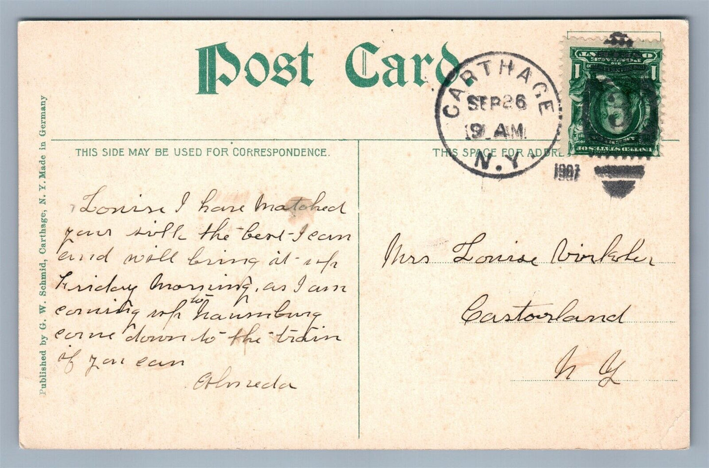 CARTHAGE NY SOLDIER'S MONUMENT ANTIQUE POSTCARD w/ CORK CANCEL