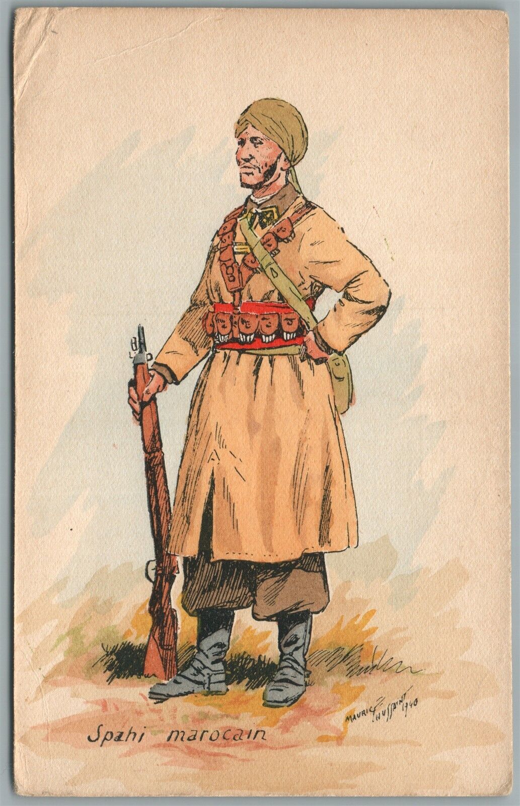 MOROCCO INFANTRY SOLDIER FRENCH 1940 VINTAGE ARTIST SIGNED POSTCARD