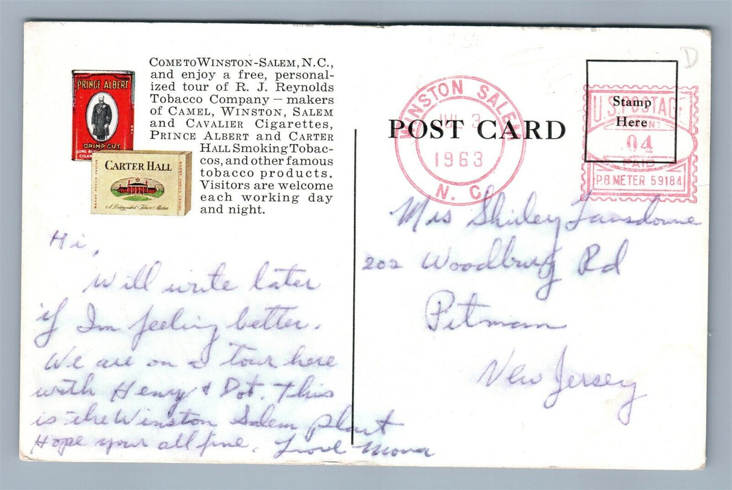 WINSTON-SALEM NC REINOLDS TOBACCO CO CIGARETTE 1963 ADVERTISING VINTAGE POSTCARD