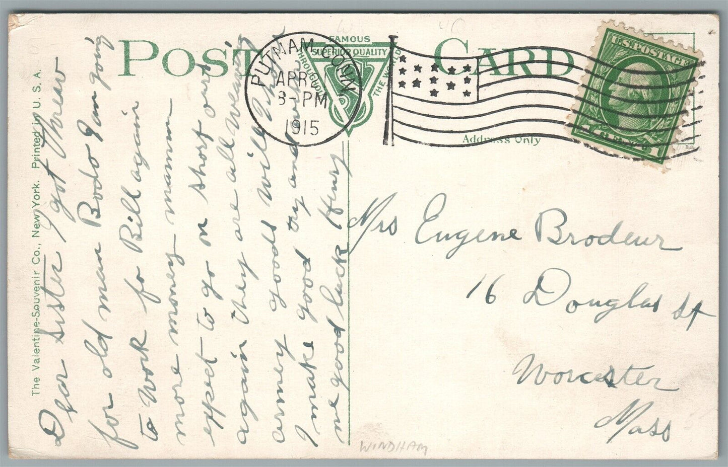 PUTNAM CT MAIN STREET LOOKING SOUTH ANTIQUE POSTCARD