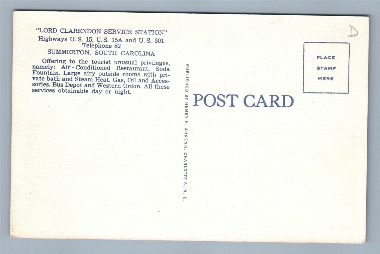 SUMMERTON SC GAS STATION LORD CLARENDON SERVICE VINTAGE POSTCARD