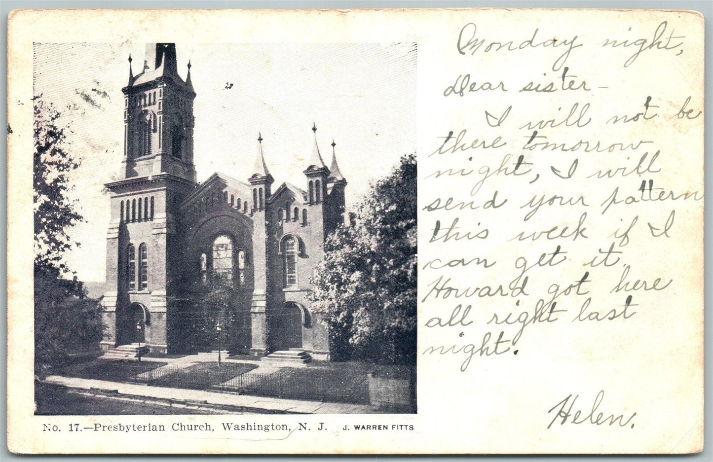 WASHINGTON NJ PRESBYTERIAN CHURCH 1906 UNDIVIDED ANTIQUE POSTCARD w/ CORK CANCEL