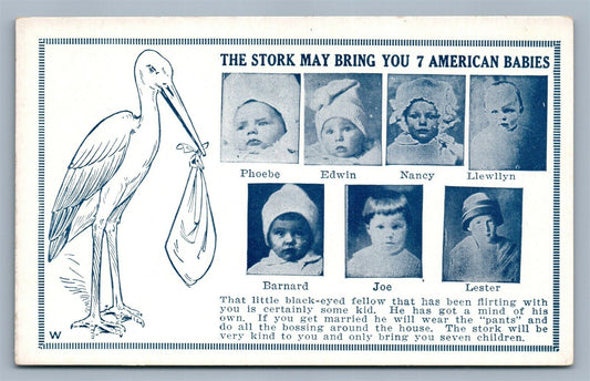 MULTI 7 AMERICAN BABIES w/ STORK ANTIQUE POSTCARD