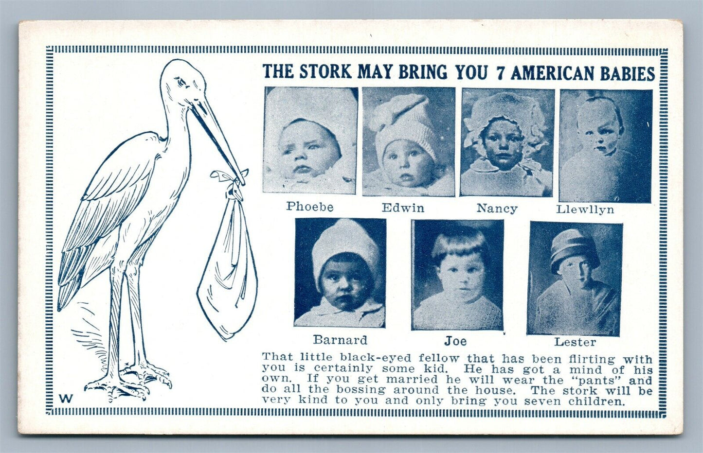 MULTI 7 AMERICAN BABIES w/ STORK ANTIQUE POSTCARD