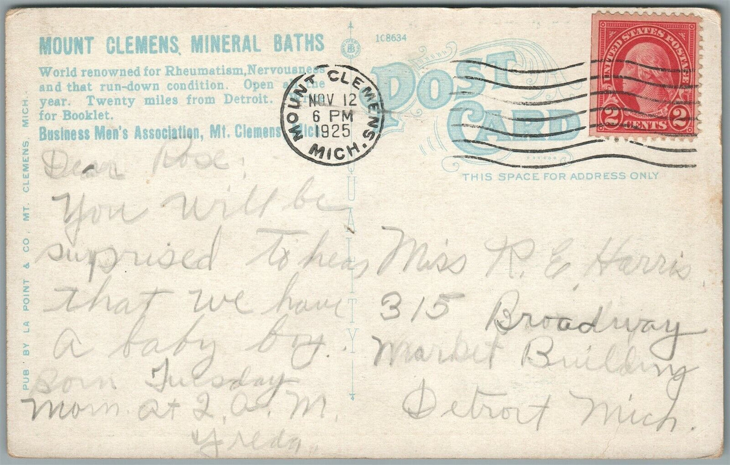 MT.CLEMENS MI NORTH AVENUE ANTIQUE POSTCARD