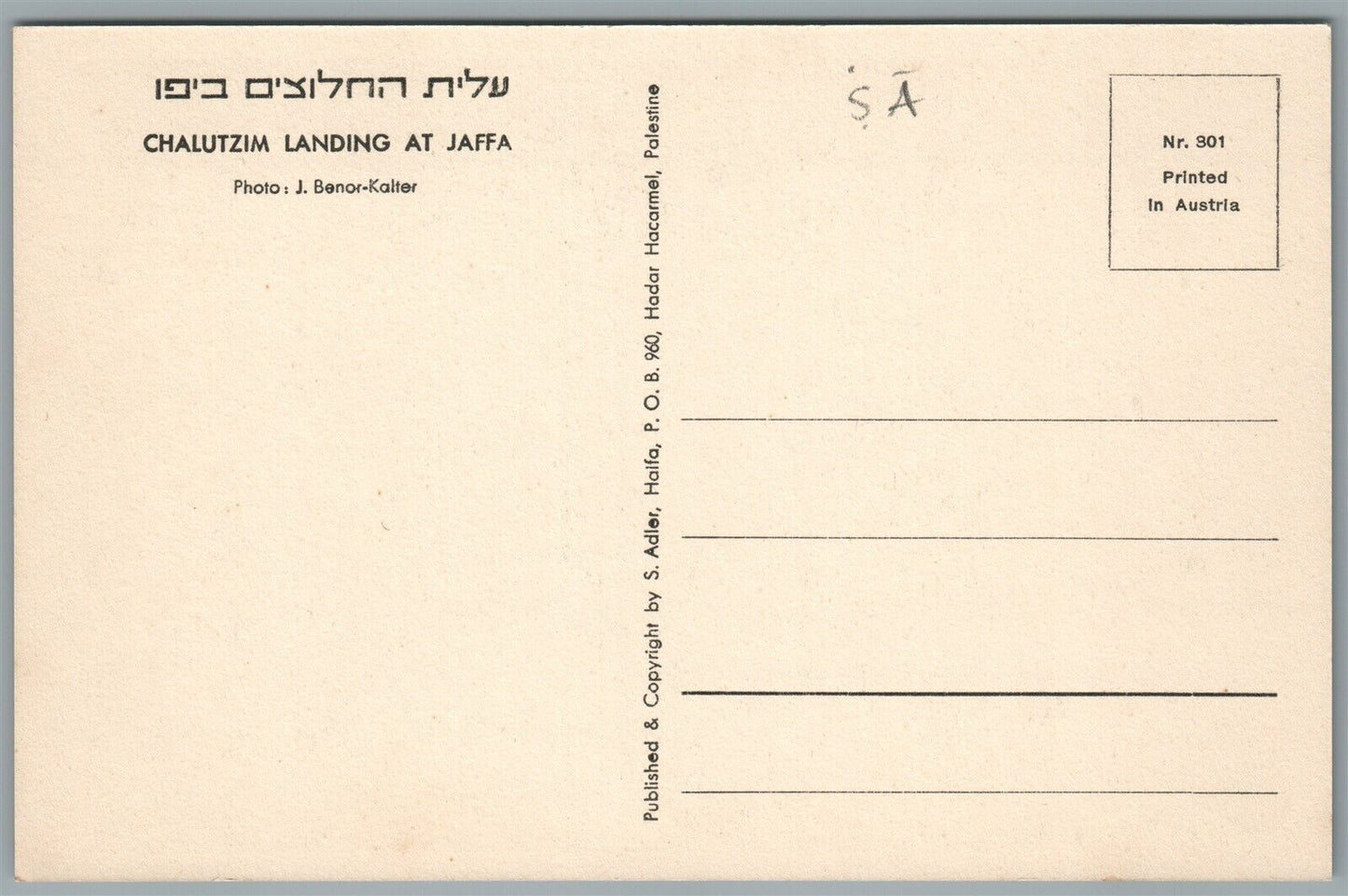 ISRAEL CHALUTZIM LANDING AT JAFFA PHOTO J. BENOR-KALTER VINTAGE POSTCARD Judaica
