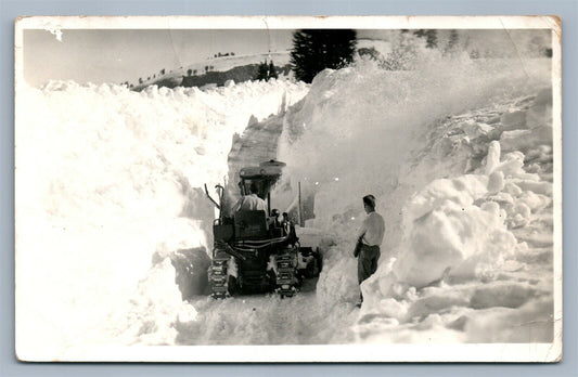 TRACTOR SNOW CLEANING MANZANITA LAKE CA VINTAGE REAL PHOTO POSTCARD RPPC