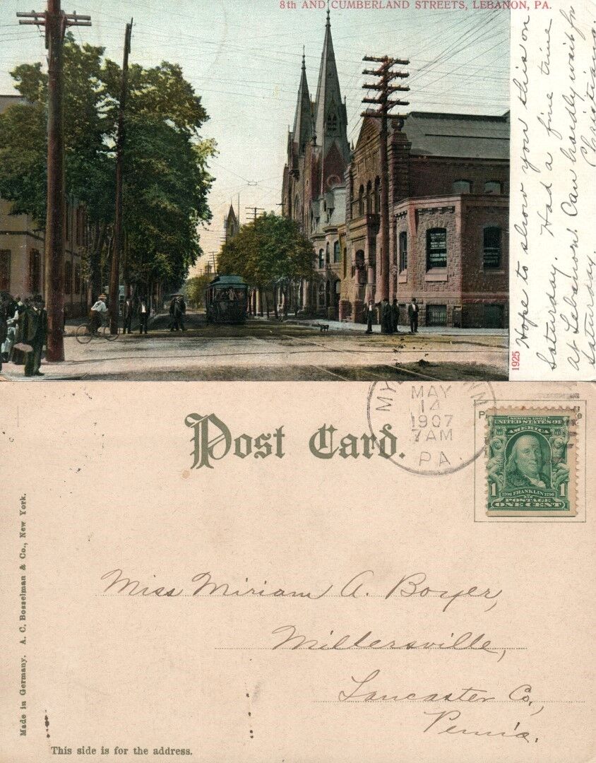 LEBANON PA 8th & CUMBERLAND STREETS 1907 UNDIVIDED ANTIQUE POSTCARD