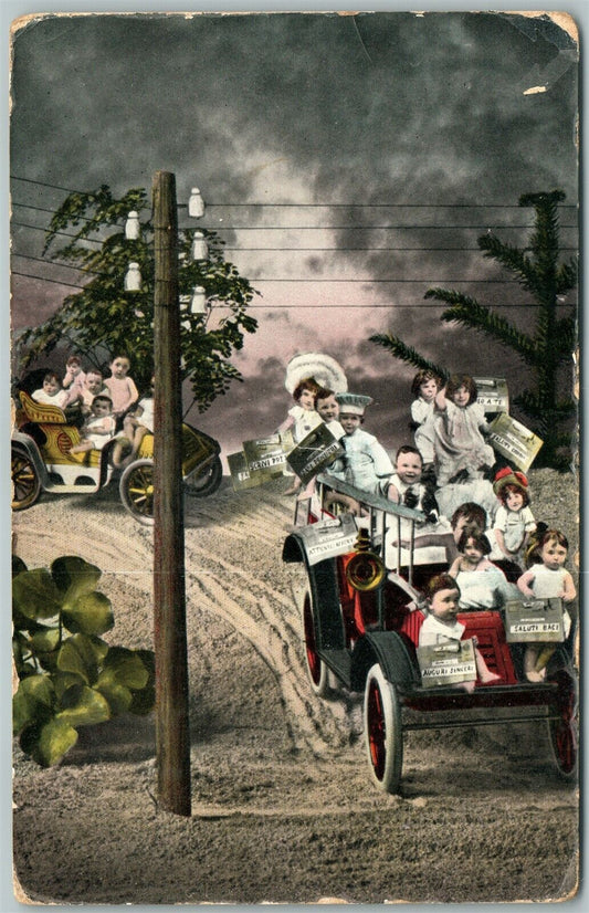 MULTIPLE BABIES AUTOMOBILE RIDE 1915 ANTIQUE POSTCARD
