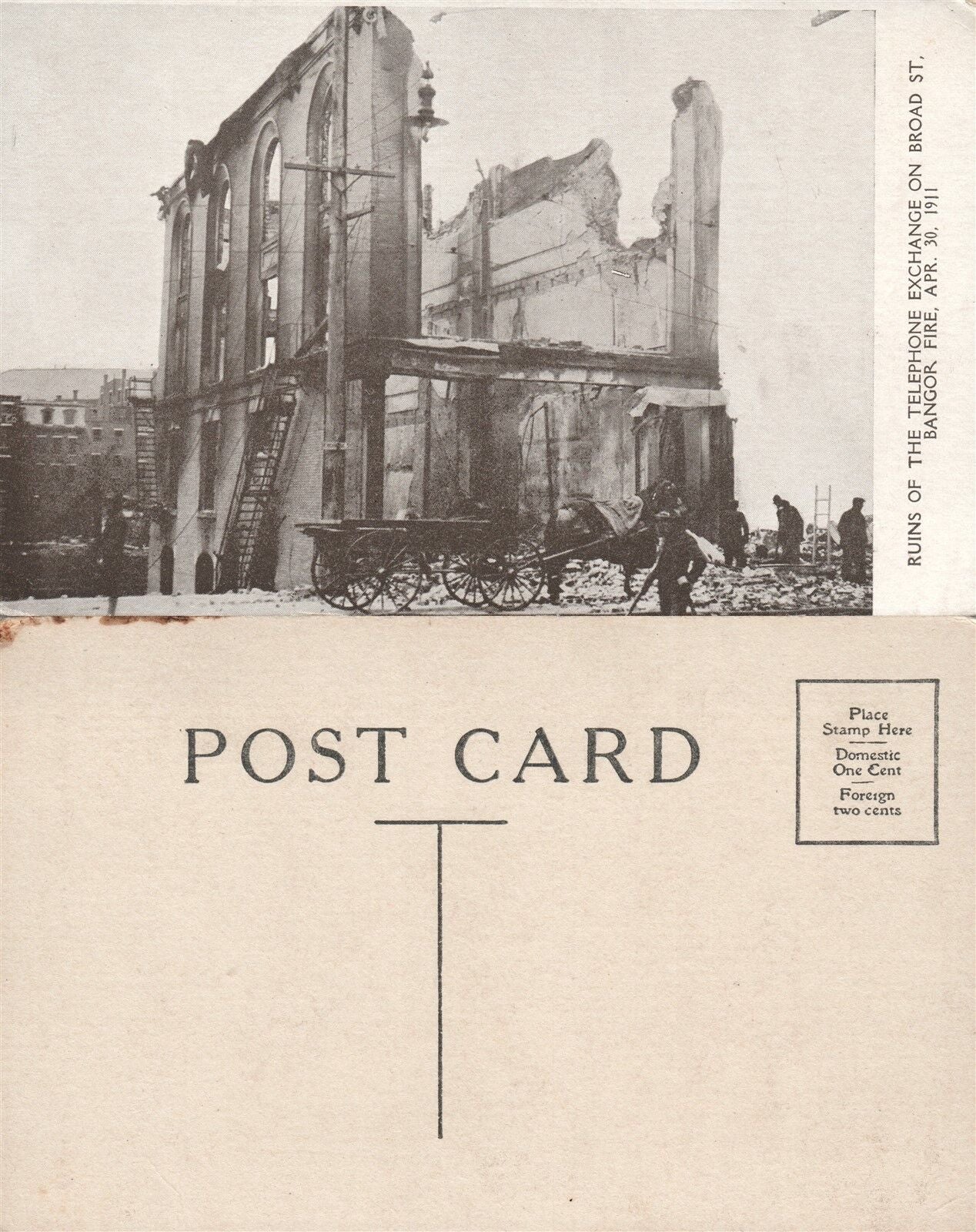 BANGOR 1911 FIRE ME RUINS OF TELEPHONE EXCHANGE ON BROAD STREET ANTIQUE POSTCARD