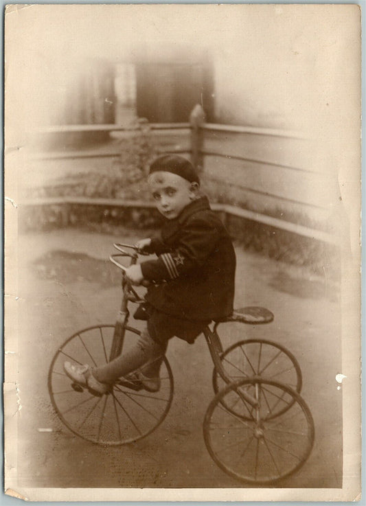 RUSSIAN 1930s BOY on BICYCLE in MILITARY UNIFORM VINTAGE PHOTO