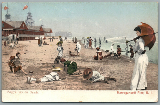 NARRAGANSETT BAY RI FOGGY DAY ON THE BEACH ANTIQUE POSTCARD