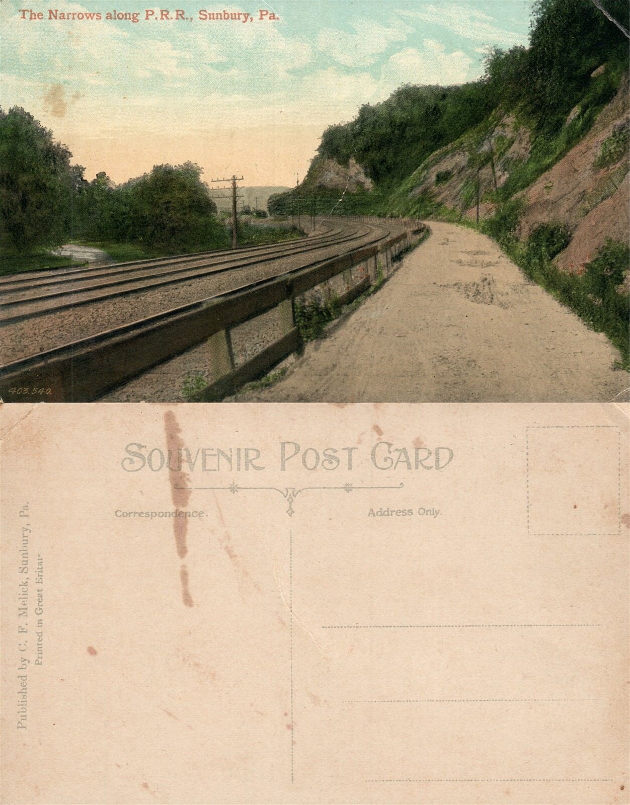 WEST SUNBURY PA THE NARROWS ALONG P.R.R. ANTIQUE POSTCARD railroad railway