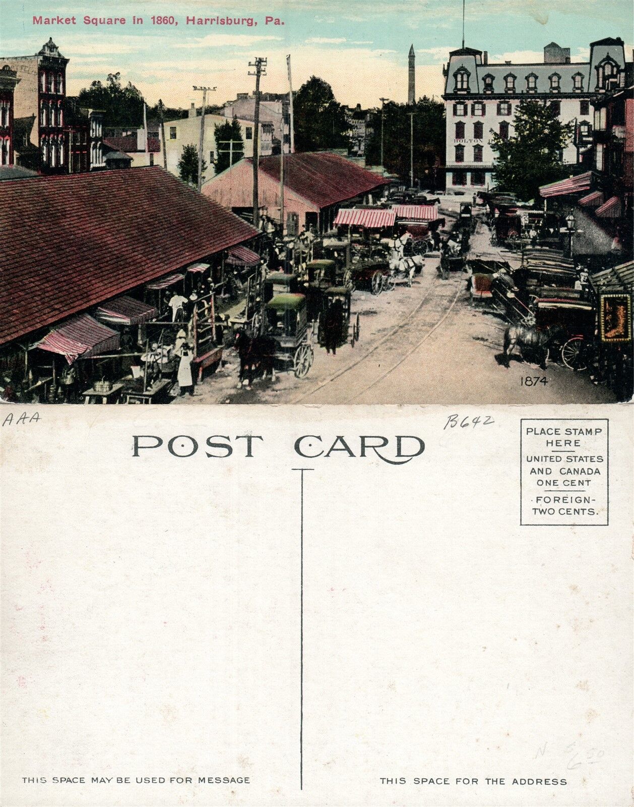 HARRISBURG PA MARKET SQUARE IN 1860 ANTIQUE POSTCARD