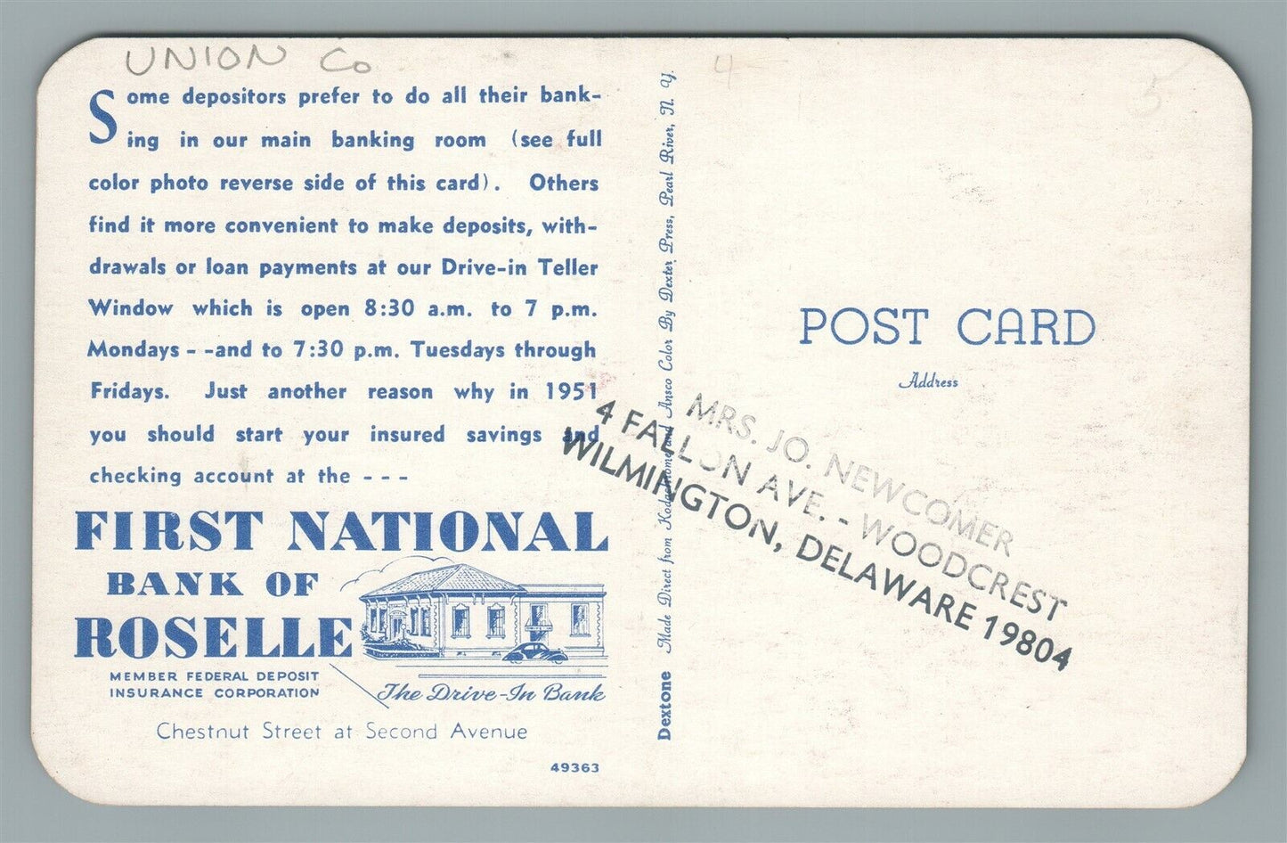 ROSELLE NJ FIRST NATIONAL BANK VINTAGE POSTCARD