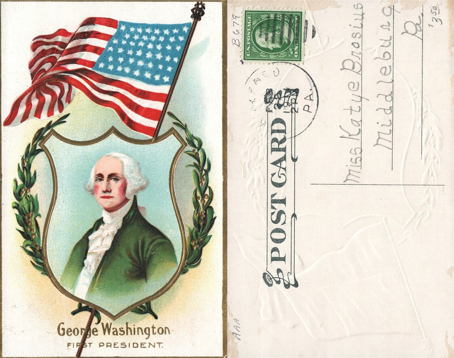 PATRIOTIC ANTIQUE EMBOSSED POSTCARD GEORGE WASHINGTON FIRST PRESIDENT