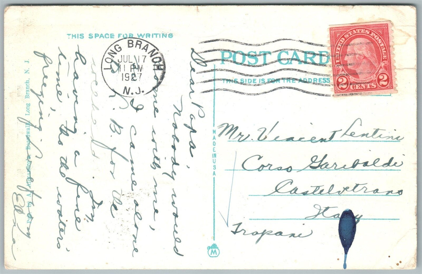 LONG BRANCH NJ SECOND AVENUE 1927 ANTIQUE POSTCARD