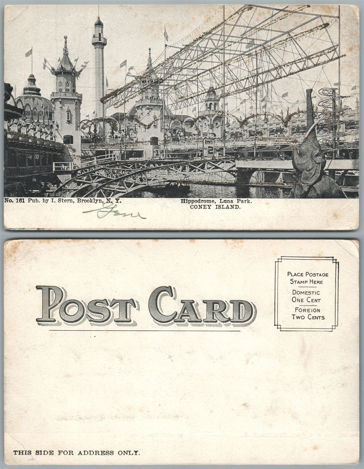 BROOKLYN N.Y. CONEY ISLAND LUNA PARK HIPPODROME UNDIVIDED ANTIQUE POSTCARD