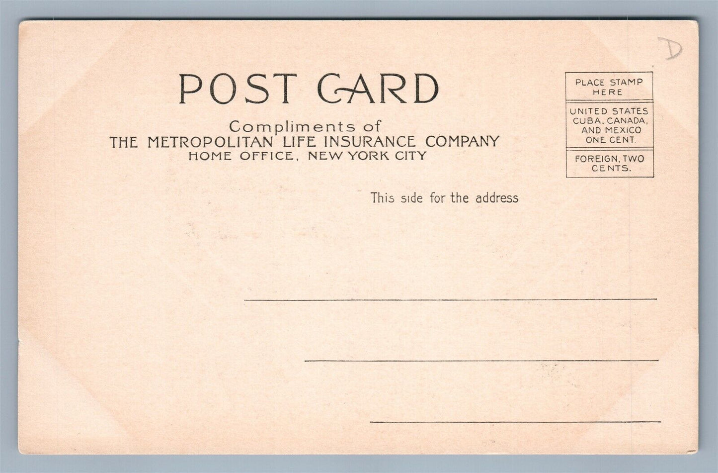 METROPOLITAN LIFE INSURANCE COMPANY ADVERTISING NEW YORK CITY ANTIQUE POSTCARD
