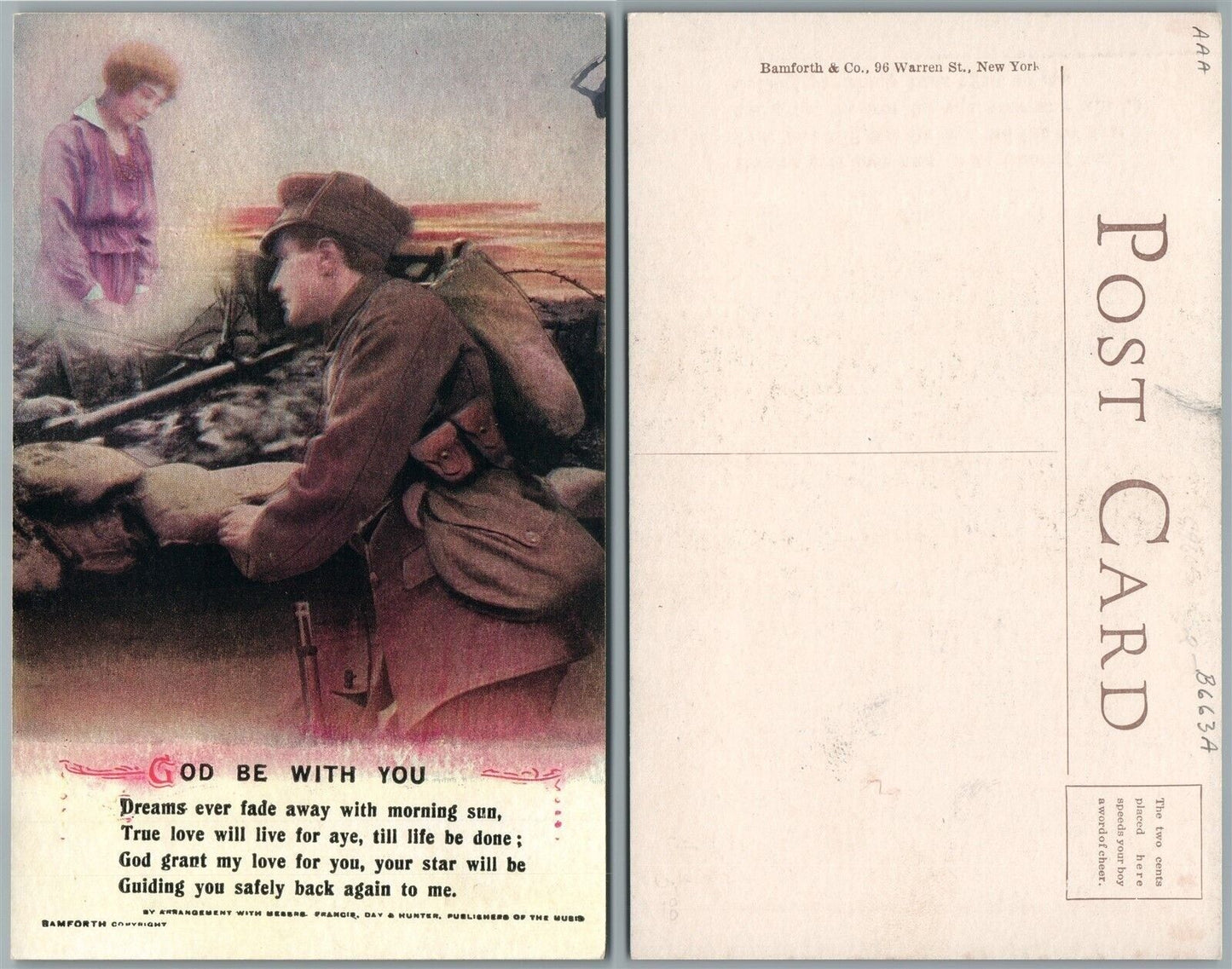 ROMANTIC WWI MILITARY ANTIQUE POSTCARD SOLDIER DREAMING
