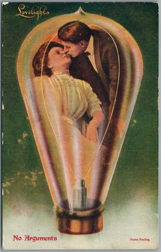 LOVELIGHTS NO ARGUMENTS KISSING IN THE BULB ROMANTIC ANTIQUE POSTCARD