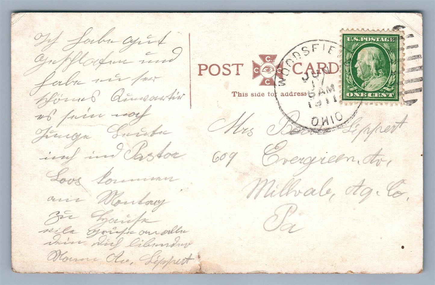 WOODSFIELD OH MONROE COUNTY COURT HOUSE 1911 ANTIQUE POSTCARD