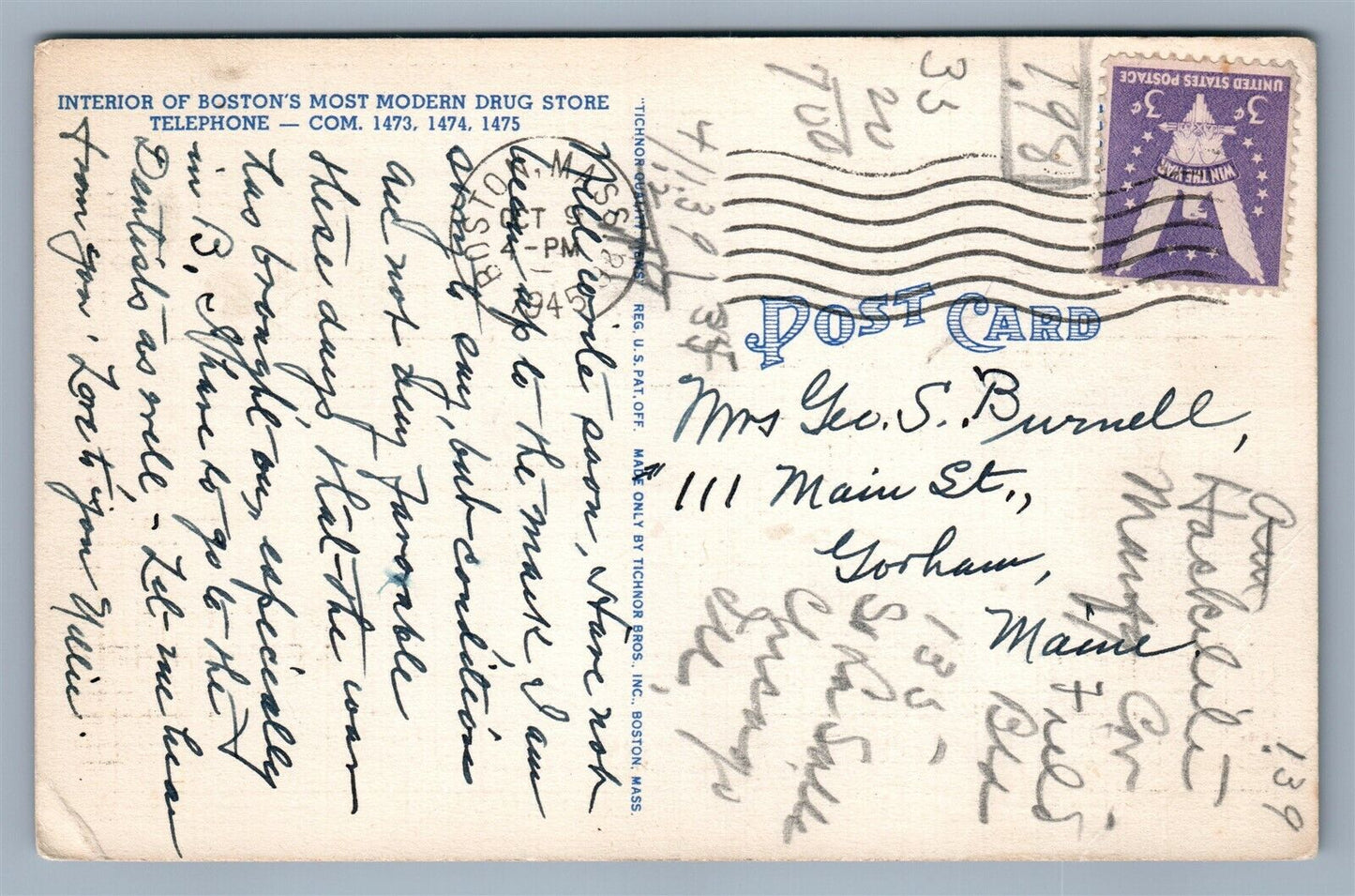 BOSTON MA KENMORE PHARMACY COMMONWEALTH AVE. VINTAGE 1945 POSTCARD