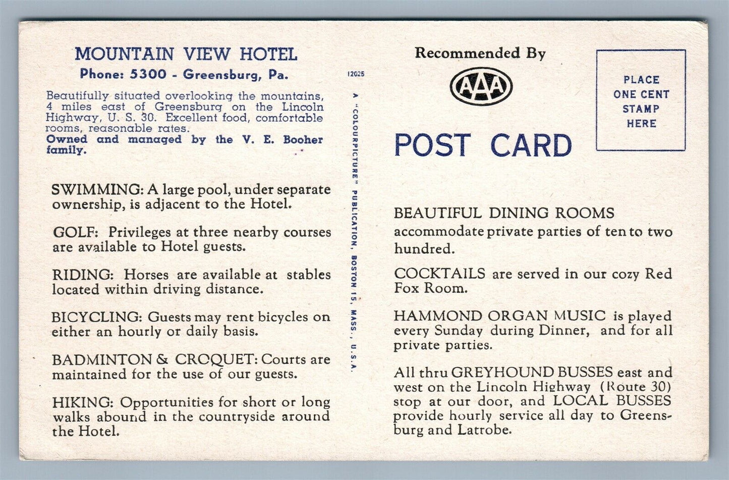 GREENSBURG PA MOUNTAIN VIEW HOTEL ADVERTISING VINTAGE POSTCARD