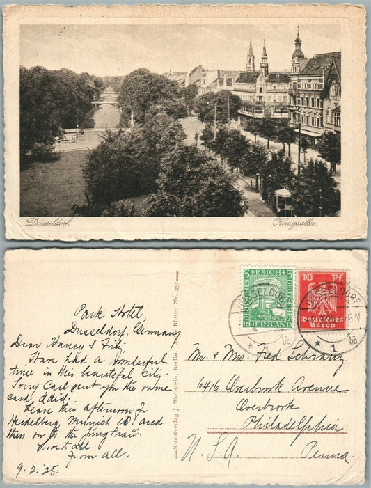 DUSSELDORF KONIGSALLEE GERMANY 1925 ANTIQUE POSTCARD w/ STAMPS