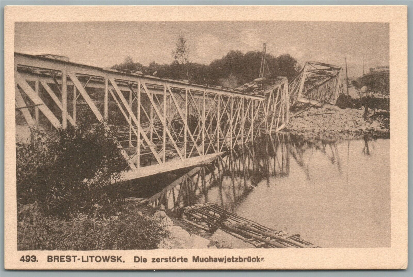 BREST-LITOWSK RUSSIA BELARUS POLAND DESTROYED BRIDGE ANTIQUE POSTCARD