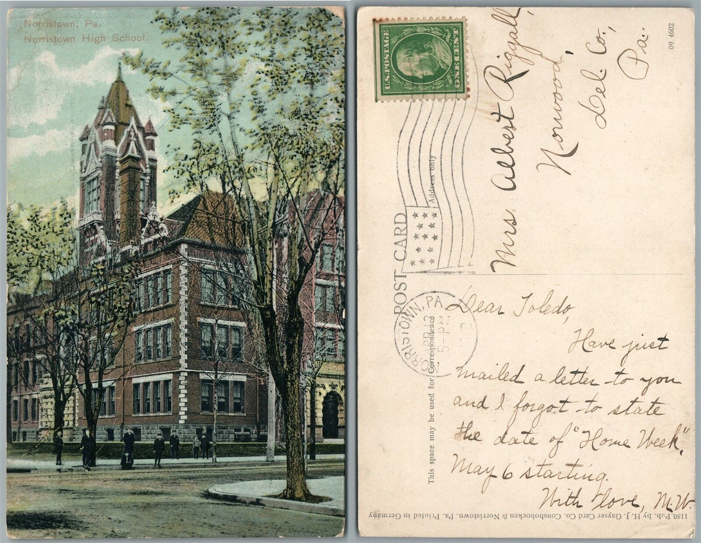NORRISTOWN PA HIGH SCHOOL 1912 ANTIQUE POSTCARD