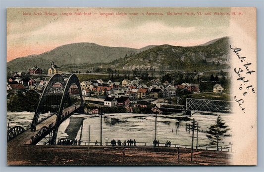 BELLOWS FALLS VT & WALPOLE NH NEW ARCH BRIDGE UNDIVIDED ANTIQUE POSTCARD