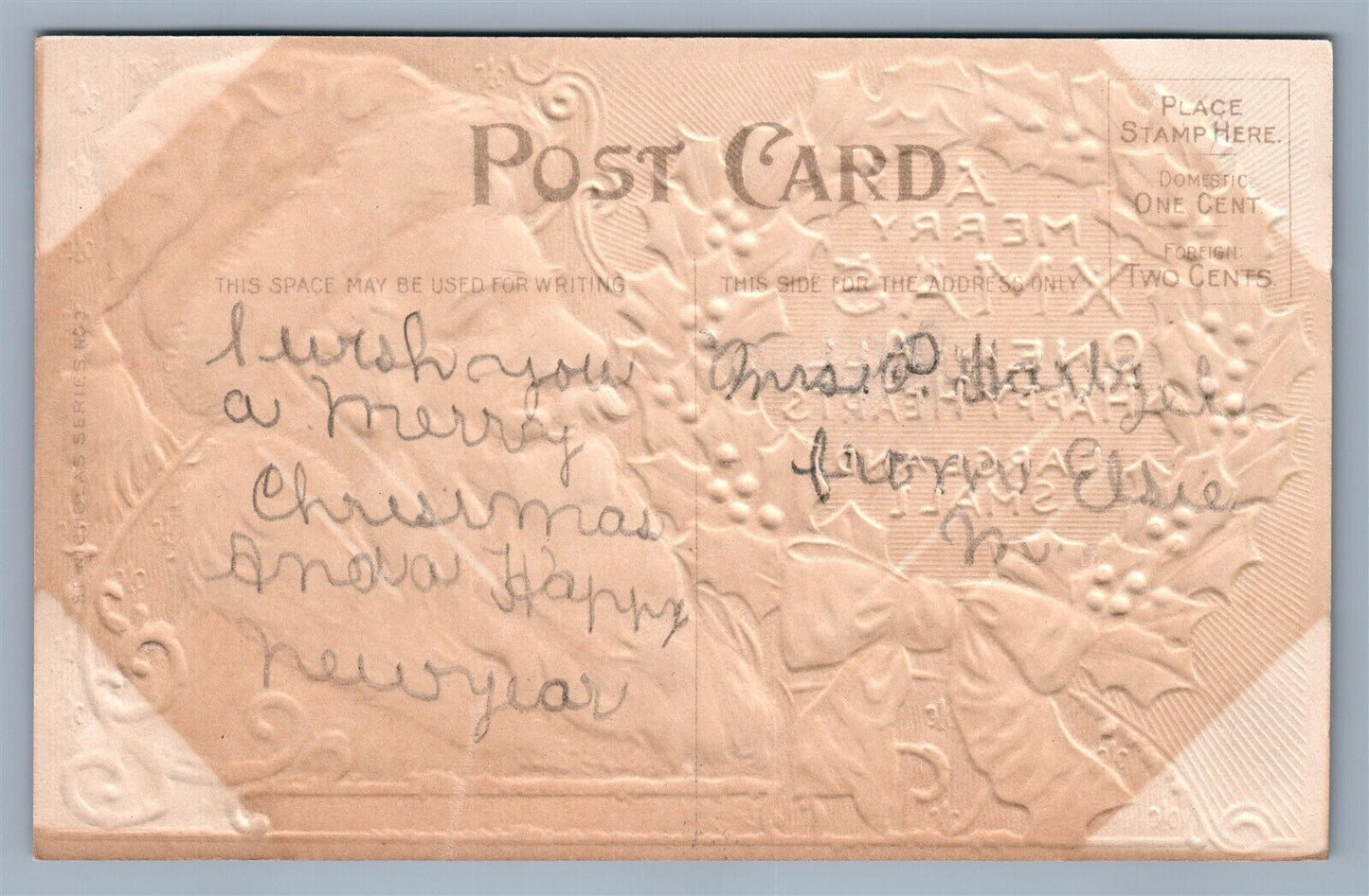 SANTA EMBOSSED CHRISTMAS ANTIQUE POSTCARD MERRY XMAS ONE & ALL