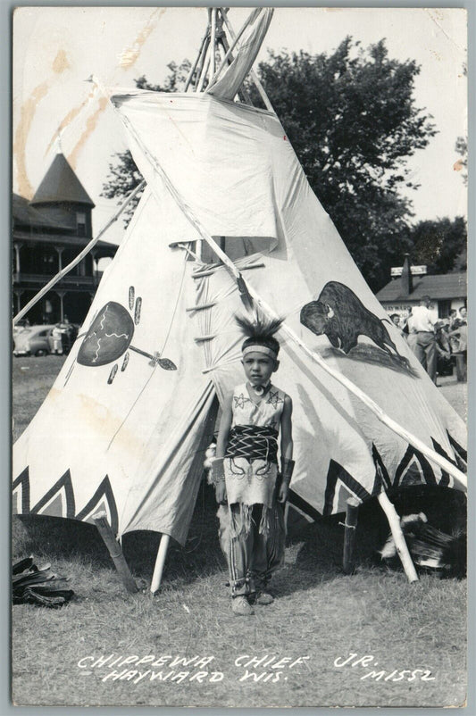 NATIVE AMERICAN CHIPPEWA CHIEF JR. HAYWARD WI VINTAGE REAL PHOTO POSTCARD RPPC