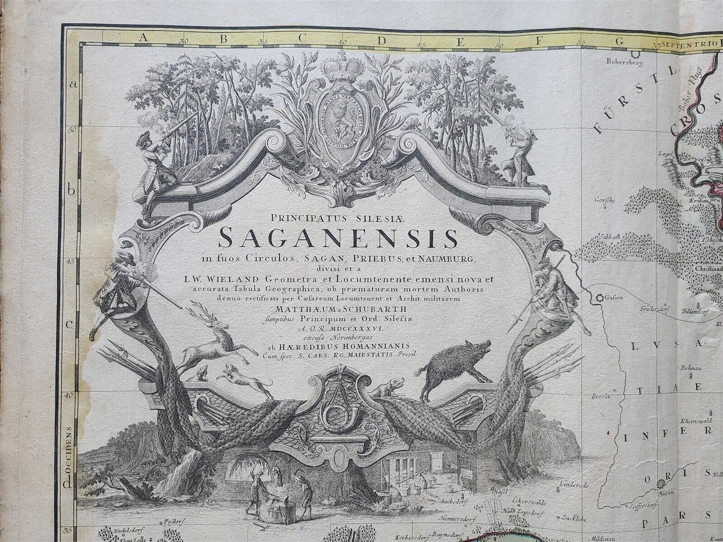 1736 LARGE MAP OF SILESIA POLAND SAGANENSIS antique 25 x 4 3/4" Duchy of Krnov