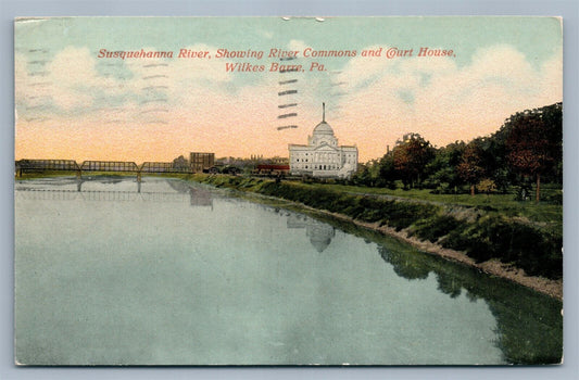 WILKES-BARRE PA RIVER COMMONS & COURT HOUSE ANTIQUE POSTCARD