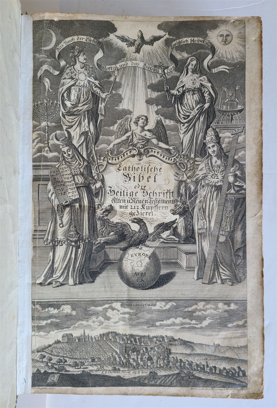 1763 BIBLE ILLUSTRATED IMPRESSIVE PIGSKIN FOLIO AMAZING BRONZE FITTINGS antique