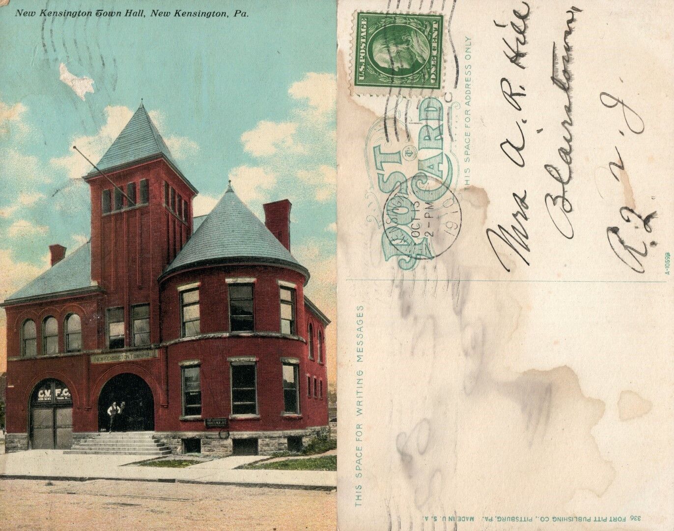 NEW KENSINGTON PA TOWN HALL ANTIQUE 1910 POSTCARD