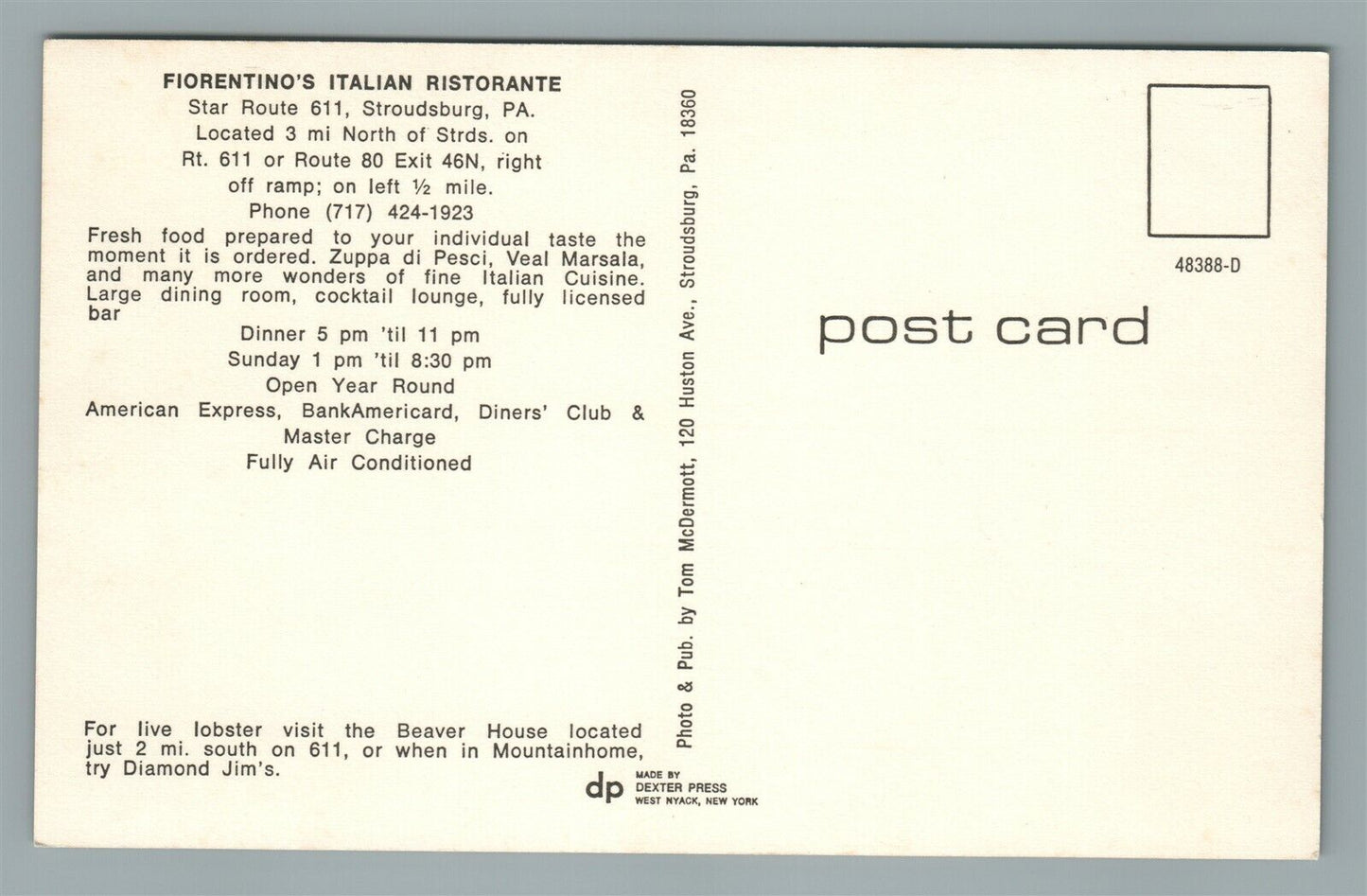 STROUDSBURG PA FLORENTINO'S ITALIAN RESTAURANT VINTAGE POSTCARD