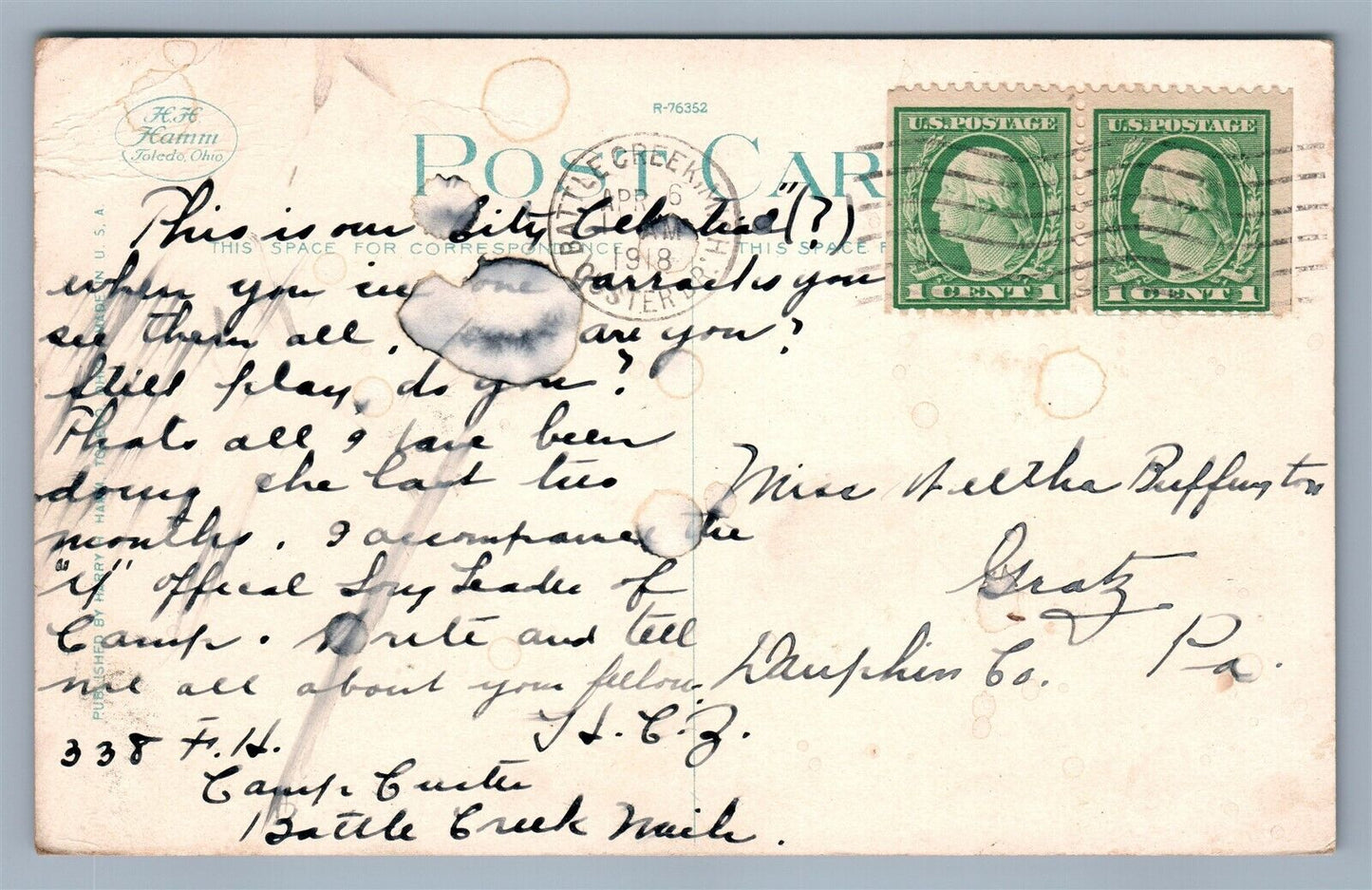 BATTLE CREEK MI US NATIONAL ARMY CANTONMENT CAMP CUSTER 1918 ANTIQUE POSTCARD