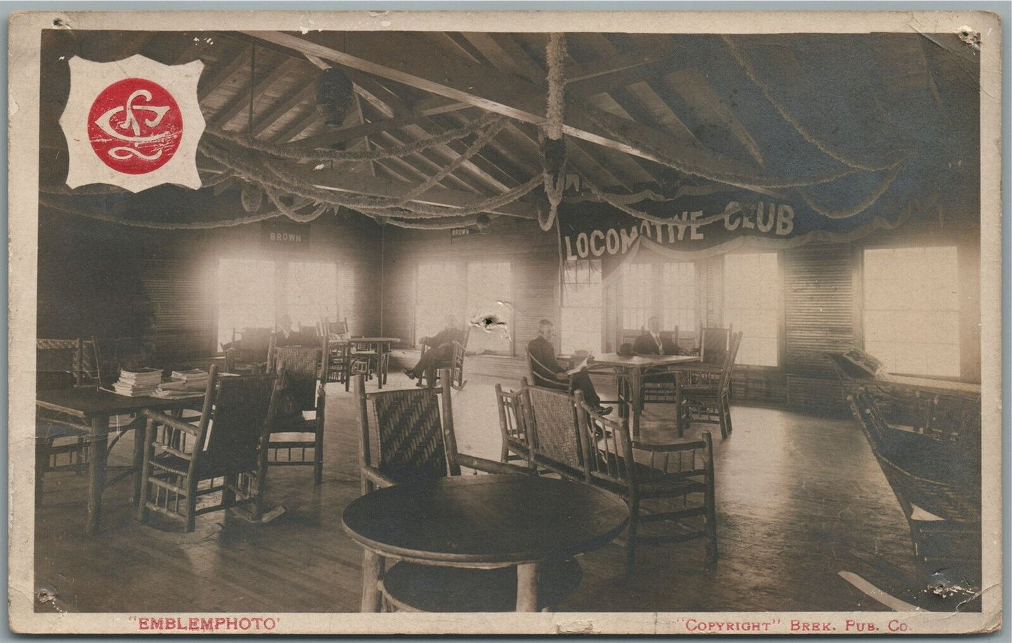 LOCOMOTIVE CLUB INTERIOR ANTIQUE REAL PHOTO POSTCARD RPPC