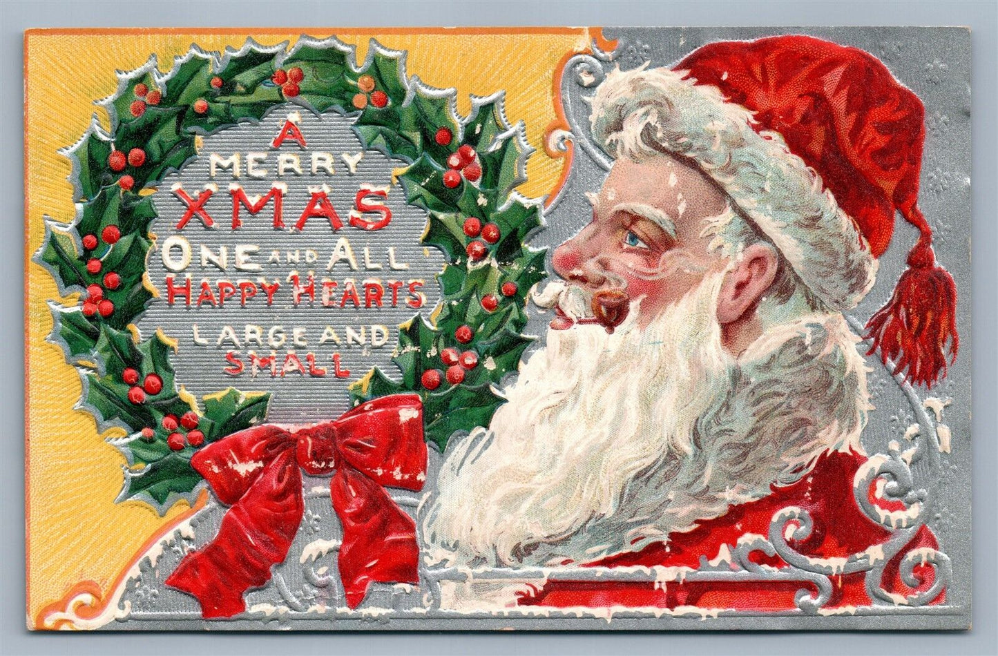 SANTA EMBOSSED CHRISTMAS ANTIQUE POSTCARD MERRY XMAS ONE & ALL