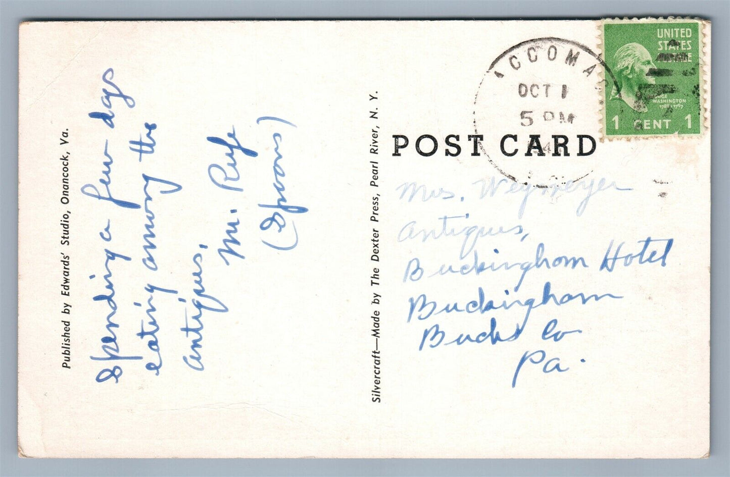ACCOMOC VA WISPERING PINES ANTIQUES ADVERTISING VINTAGE POSTCARD