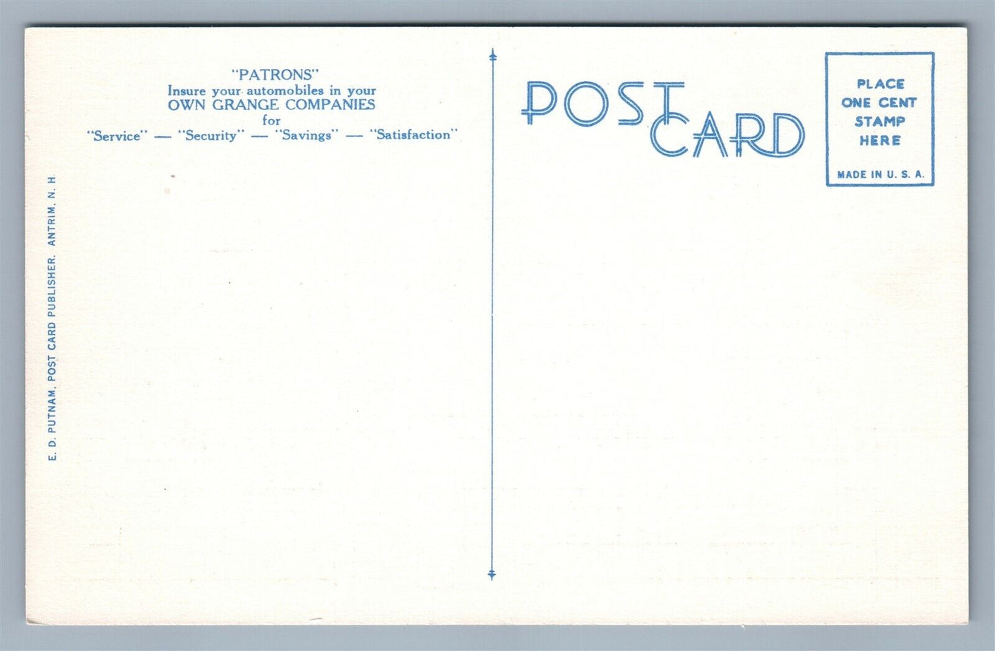 KEENE NH GRANGE LIABILITY & FIRE INSURANCE COMPANY VINTAGE POSTCARD SUPPLY DEPT