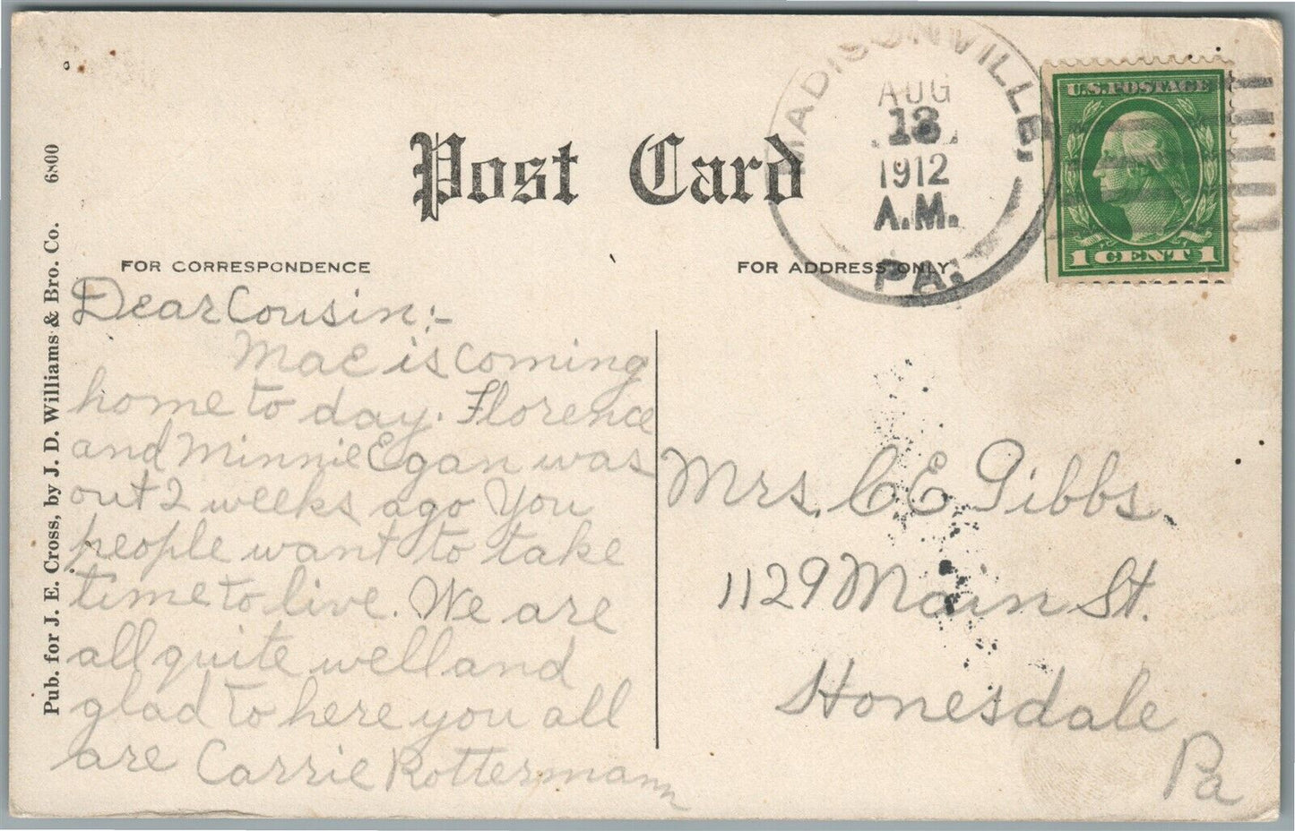 STEARLING PA J.E. CROSS RESIDENCE ANTIQUE POSTCARD