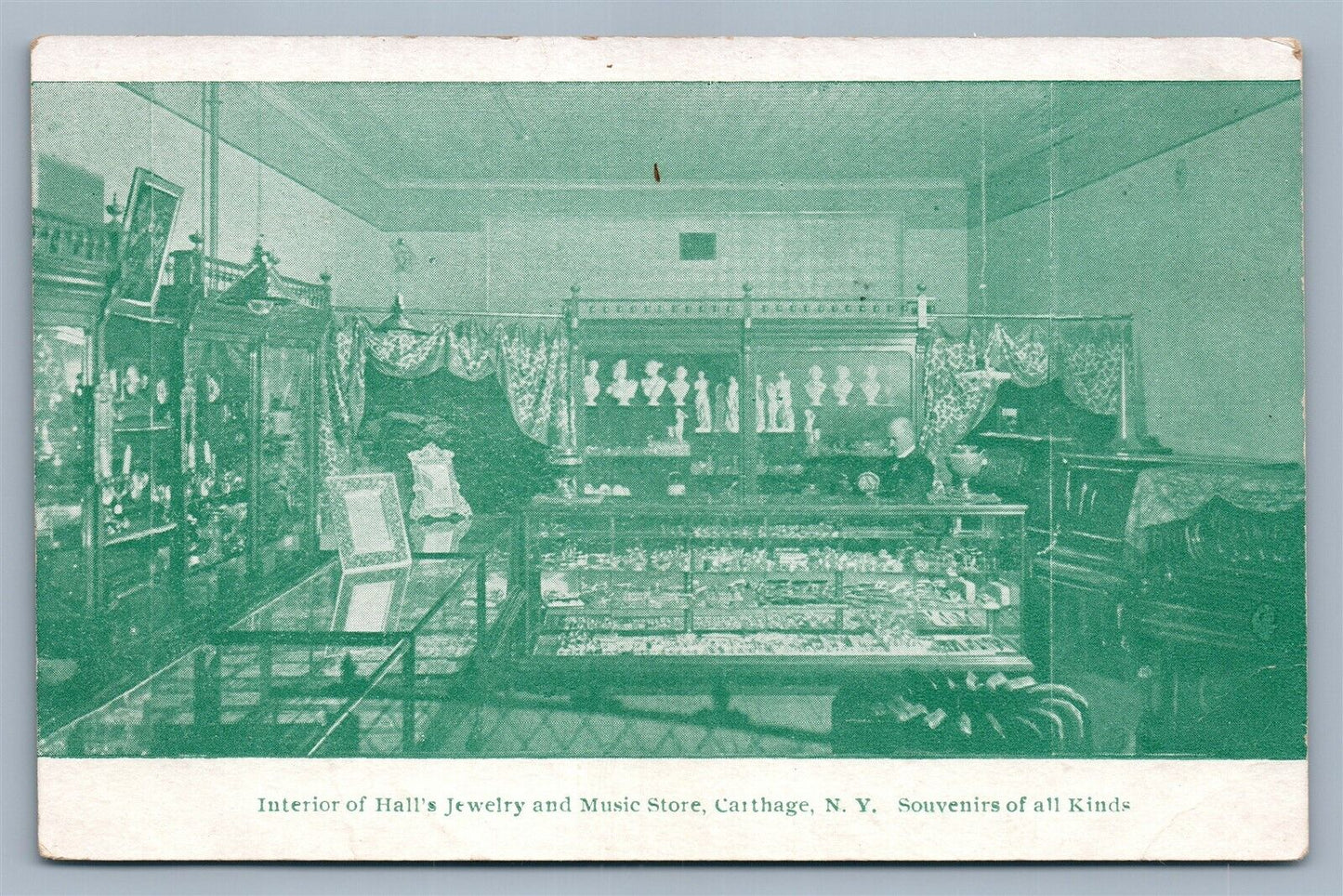 CARTHAGE NY HALL'S JEWELRY & MUSIC STORE ANTIQUE POSTCARD